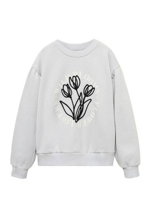 Lys grå sweatshirt med sort linjekunst af tre tulipaner og falmet cirkulær tekst med ordene "WILD BLOOMS FLOWER LOVERS" på fronten.