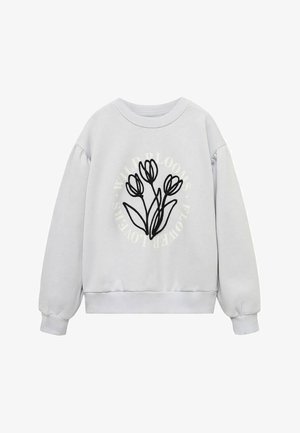 Hellgraues Sweatshirt mit schwarzer Linienzeichnung von drei Tulpen und verblasstem kreisförmigem Text "WILD BLOOMS FLOWER LOVERS" auf der Vorderseite.