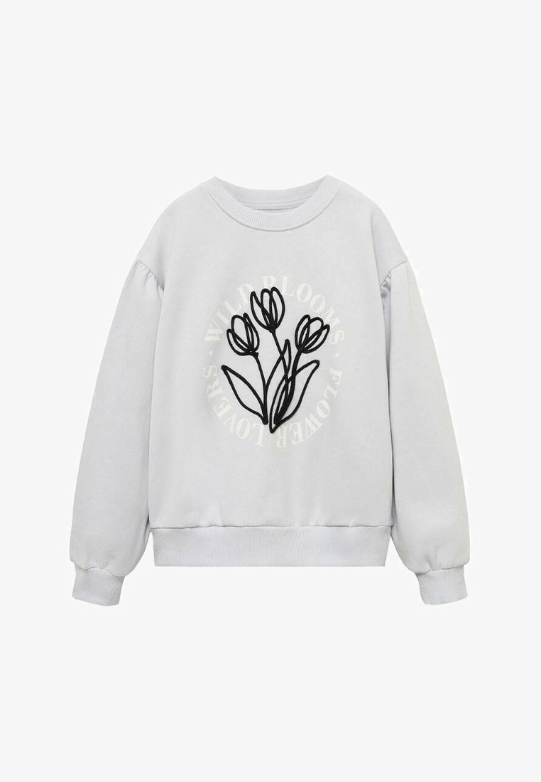 Sweat-shirt gris clair avec un dessin en ligne noire représentant trois tulipes et un texte circulaire estompé sur le devant indiquant "WILD BLOOMS FLOWER LOVERS".