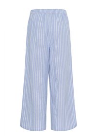 Blauwe gestreepte wijde broek met een comfortabele elastische tailleband en een lichtgewicht katoenen stof, met verticale witte strepen.