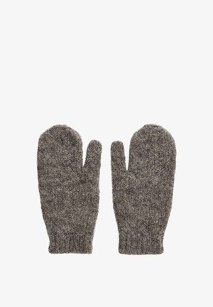 Szare dziergane rękawiczki z puszystą teksturą, zaokrąglonym czubkiem i ściągaczem na mankiecie dla lepszego dopasowania, o ogólnie miękkim i ciepłym wyglądzie.