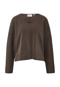 Brązowy krótkotrwały sweatshirt z dekoltem w serek, długimi rękawami i gładką, miękką fakturą. Zawiera subtelne detale przeszyć i metkę z tyłu.