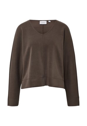 Brauner, kurzer Sweatshirt mit V-Ausschnitt, langen Ärmeln und einer glatten, weichen Textur. Besitzt zarte Nähte und ein Etikett auf der Rückseite.