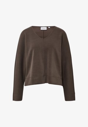 Brązowy krótkotrwały sweatshirt z dekoltem w serek, długimi rękawami i gładką, miękką fakturą. Zawiera subtelne detale przeszyć i metkę z tyłu.