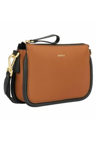 Braune und schwarze Schultertasche mit glatter Textur, goldenen Beschlägen, einem Reißverschluss und einem abnehmbaren Riemen. Verfügt über einen kleinen Handgriff für das Handgelenk.