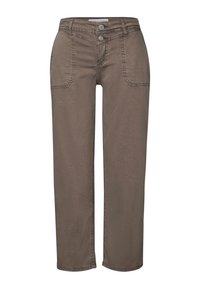 Bruna bomullsbukser med rak skärning, två framfickor och dubbelknäppning i midjan. Har sömnadsdetaljer längs fickorna.