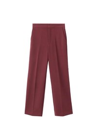 Pantalones de pierna ancha color burdeos con una textura suave, que cuentan con bolsillos laterales y un diseño de cintura alta. Con un pliegue frontal limpio.