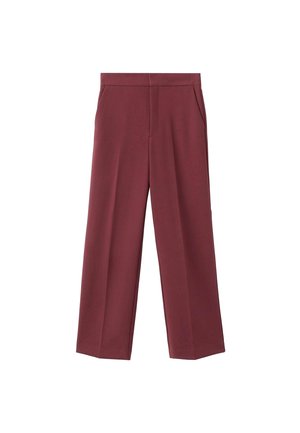 Pantalons larges bordeaux avec une texture lisse, dotés de poches latérales et d'une taille haute. Taillés avec un pli avant net.