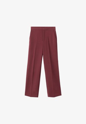 Bordeaux brede broek met een zachte textuur, voorzien van zijzakken en een hoogtaille ontwerp. Strak gesneden met een nette voorplooi.
