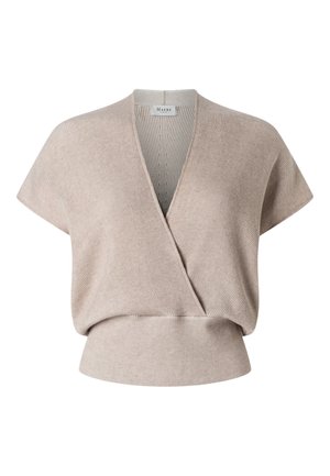 Béžový žebrovaný krátký svetr s hlubokým výstřihem do V a širokým přiléhavým pasem, označený Maerz.