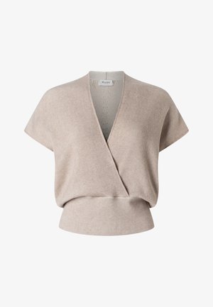 Béžový žebrovaný krátký svetr s hlubokým výstřihem do V a širokým přiléhavým pasem, označený Maerz.