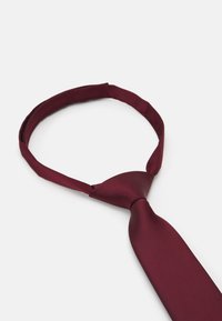 Cravate bourgogne en tissu lisse, dotée d'un design classique avec une pointe aiguisée et une section de col nouée pour un port facile.