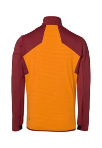 Rote und orange langärmelige Jacke mit hohem Kragen. Texturiertes orangefarbenes Paneel im Rücken, glatte rote Ärmel und schwarze Akzente an den Handgelenken.