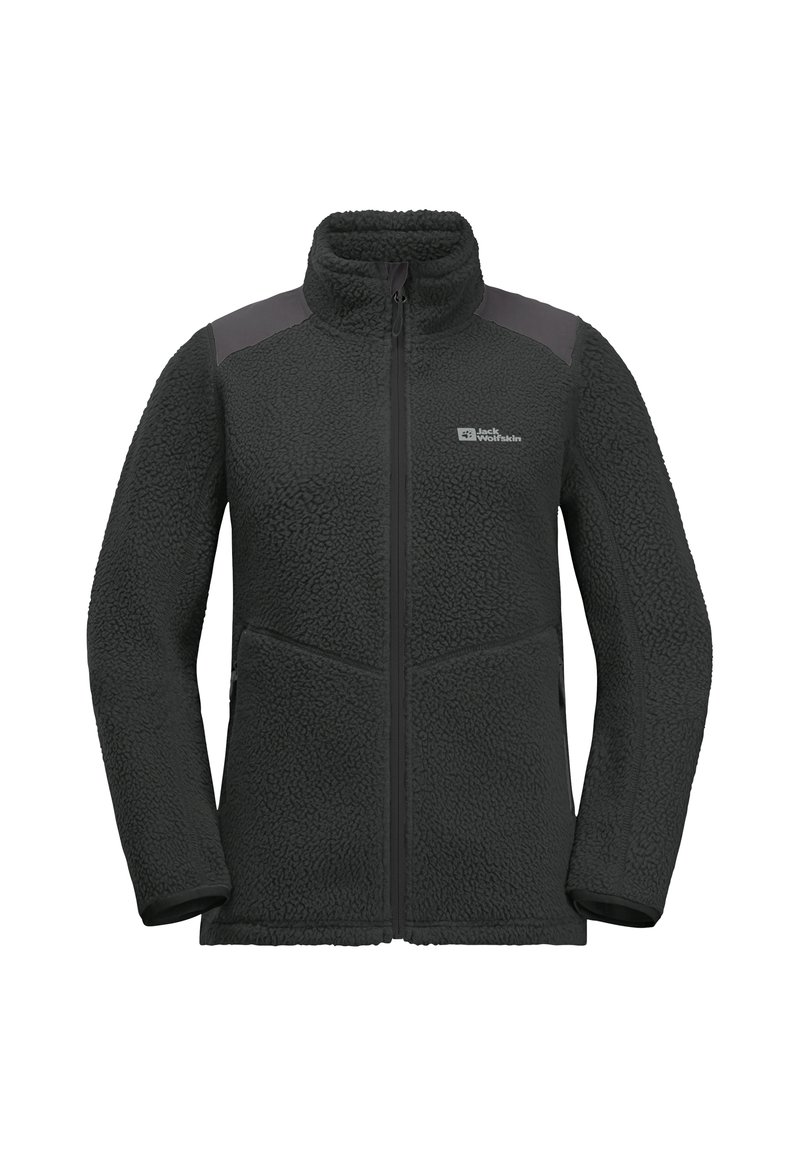 Giacca in fleece di colore grigio scuro con colletto alto, chiusura con zip, tasche laterali e dettagli in materiale a contrasto sulle spalle. Superficie strutturata.