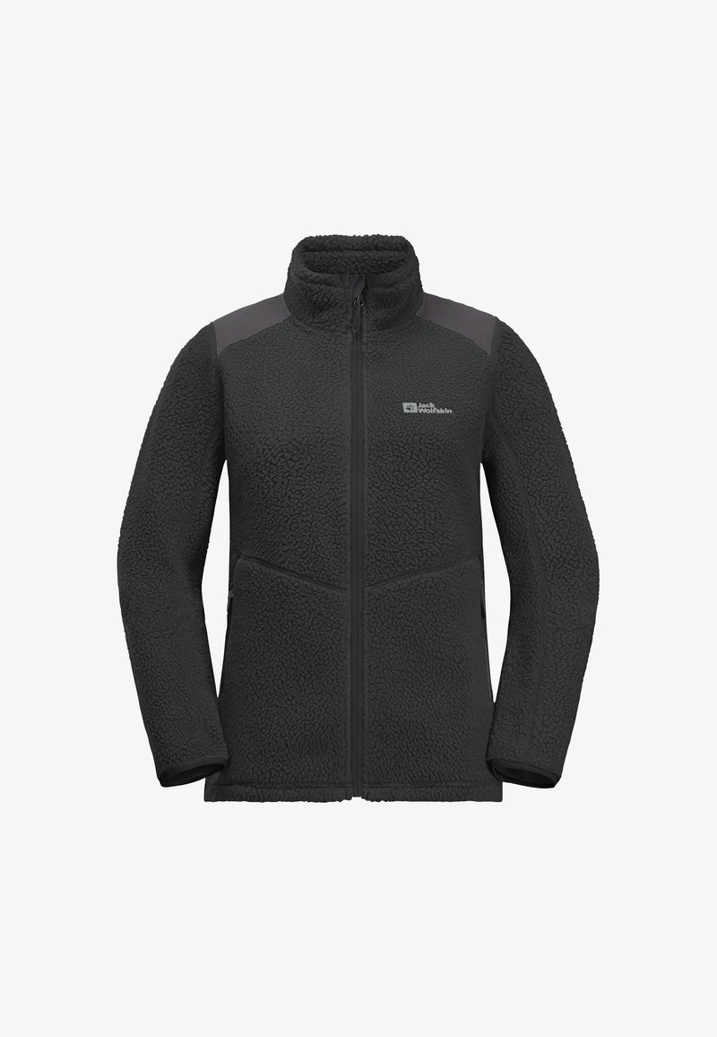 Giacca in fleece di colore grigio scuro con colletto alto, chiusura con zip, tasche laterali e dettagli in materiale a contrasto sulle spalle. Superficie strutturata.