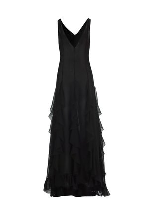 Czarna wieczorowa sukienka bez rękawów z dekoltem w serek i warstwową, falującą plisowaną spódnicą.