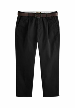 Mustad puuvillased püksid, millel on pruun nahkrihm, kaldus ees taskud ja sirge lõikega disain. Minimalistlik stiil.