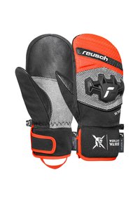 Schwarze und orange Fäustlinge mit einer Lederhandfl äche, strukturiertem Körper, verstellbarem Handgelenkband und verstärktem Daumen für verbesserten Grip und Schutz.