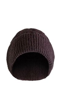 Lila kötött sapka bordázott mintával, puha anyagból és lekerekített kialakítással. Belső része bélelt az extra melegség és kényelem érdekében.