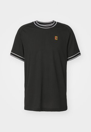 Black short-sleeve t-shirt made from mesh fabric, featuring white trim on the collar and sleeves, with a small yellow and red logo on the chest.