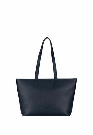 Borsa tote in pelle nera con due manici lunghi e un piccolo logo in rilievo al centro davanti.