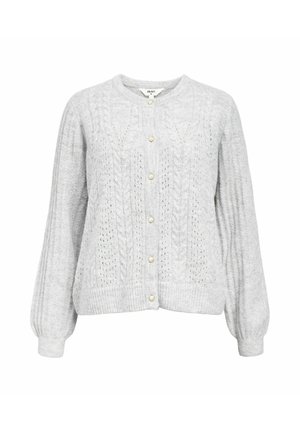 Hellgrauer Strickcardigan mit Kabel- und Spitzenmustern, Perlmuttknöpfen vorne, langen Ärmeln sowie gerippten Bündchen und Saum.