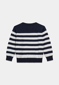 Pull à rayures bleu marine et blanches, avec un col rond et des poignets côtelés. Texture douce avec des rayures alternées larges et étroites.