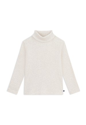 Roomkleurige geribde coltrui met lange mouwen en een klein zwart labeltje aan de onderste zijnaad.