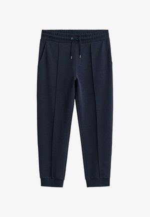 Pantalon de jogging bleu marine avec taille élastique, cordon de serrage à l'avant, poches latérales et jambes fuselées se terminant par des poignets ajustés.