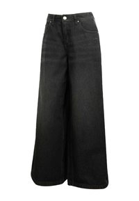 Čierne široké rifľové nohavice s vysokým pásom, predným gombíkom, vreckami a subtilným logom na prednom vrecku.