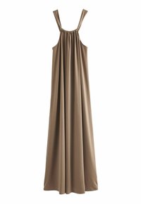 Robes maxi en tissu brun clair avec une texture douce et fluide. Dispose de larges bretelles et d'un décolleté froncé pour une silhouette décontractée.