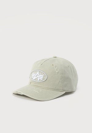 Casquette de baseball gris clair usée avec un logo ovale blanc représentant des ailes stylisées et une visière légèrement effilochée.