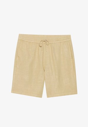 Shorts en lin beige avec une taille à cordon, des poches latérales et une finition texturée. Présente une coupe décontractée et droite.