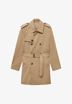 Cappotto trench beige con design doppiopetto, con spalline sulle spalle, vita cinturata e due tasche frontali. Realizzato in tessuto morbido.