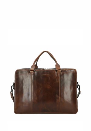 Sac en cuir marron avec une texture lisse, de forme rectangulaire, deux poignées, une bandoulière réglable et un logo discret à l'avant.