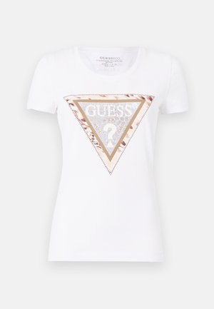 T-shirt blanc à manches courtes avec un graphique triangulaire orné d'un motif floral, d'accents scintillants et d'un texte doré au centre.