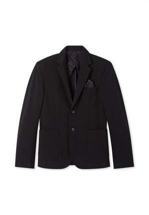 Blazer nero slim fit, con rever a nothc, due tasche frontali e una fodera interna a fantasia. Presenta due bottoni e una tasca sul petto.