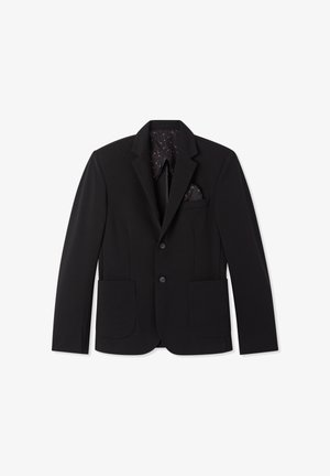 Blazer nero slim fit, con rever a nothc, due tasche frontali e una fodera interna a fantasia. Presenta due bottoni e una tasca sul petto.