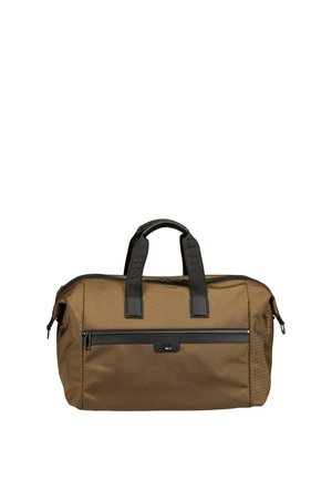 Brown rectangular travel bag with black handles and front zip pocket, featuring subtle BOSS branding on handles and front.