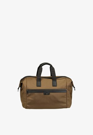 Braune rechteckige Reisetasche mit schwarzen Griffen und vorderer Reißverschlusstasche, mit dezentem BOSS-Logo auf Griffen und Vorderseite.