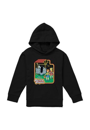 Schwarzer Hoodie mit Comic-Kindern neben einem steinernen Brunnen und dem Text "Meine liebsten Kinderreime" auf der Vorderseite.