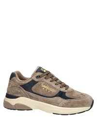Suede sneakers w kolorze jasnobrązowym z ciemnoniebieskimi akcentami. Posiadają okrągły czubek, sznurowaną konstrukcję oraz złote detale logo. Gruba beżowa podeszwa.