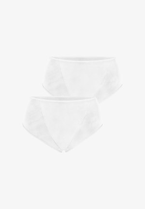 Dos bragas blancas lisas de mujer con cintura alta y bordes sin costuras, mostradas planas sobre un fondo blanco.