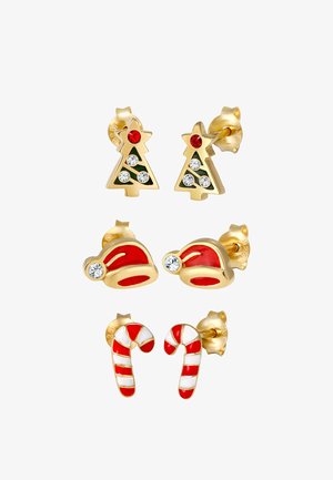 Dreiteiliges Set Ohrringe in Goldfarbe: Weihnachtsbaum mit rotem Strassstein, Weihnachtsmann-Mütze mit roter Emaille und gestreifter Zuckerstange in Rot und Weiß.