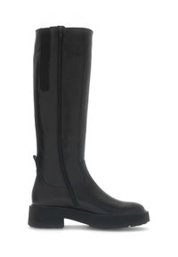 Black knee-high boots made of smooth leather, featuring a side zipper and a chunky sole. The design includes a minimalistic aesthetic.