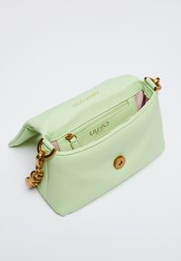 Borsa in pelle verde menta con patta pieghevole, dettagli in oro e tasca con zip all'interno. Presenta una stampa del logo e un dettaglio decorativo a catena.