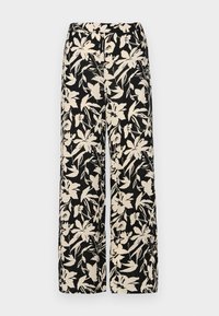 Black wide-leg pants with a cream floral pattern. Made of lightweight fabric, featuring a smooth texture and a high waistband.