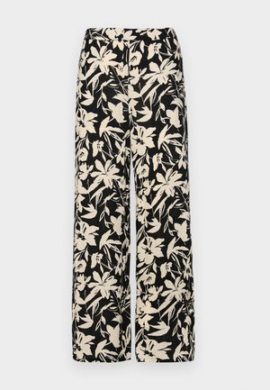 Schwarze weit geschnittene Hose mit einem cremefarbenen Blumenmuster. Hergestellt aus leichtem Stoff, mit einer glatten Textur und einem hohen Bund.