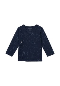 Marineblauwe langwerpige babywraptop van zacht katoen, met een vogelpatroon in lichter blauw. Drukknoopsluiting aan de voorkant, afgeronde zoom.