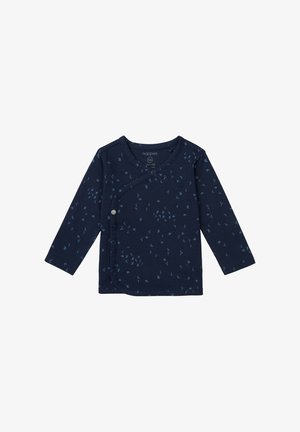 Marineblauwe langwerpige babywraptop van zacht katoen, met een vogelpatroon in lichter blauw. Drukknoopsluiting aan de voorkant, afgeronde zoom.